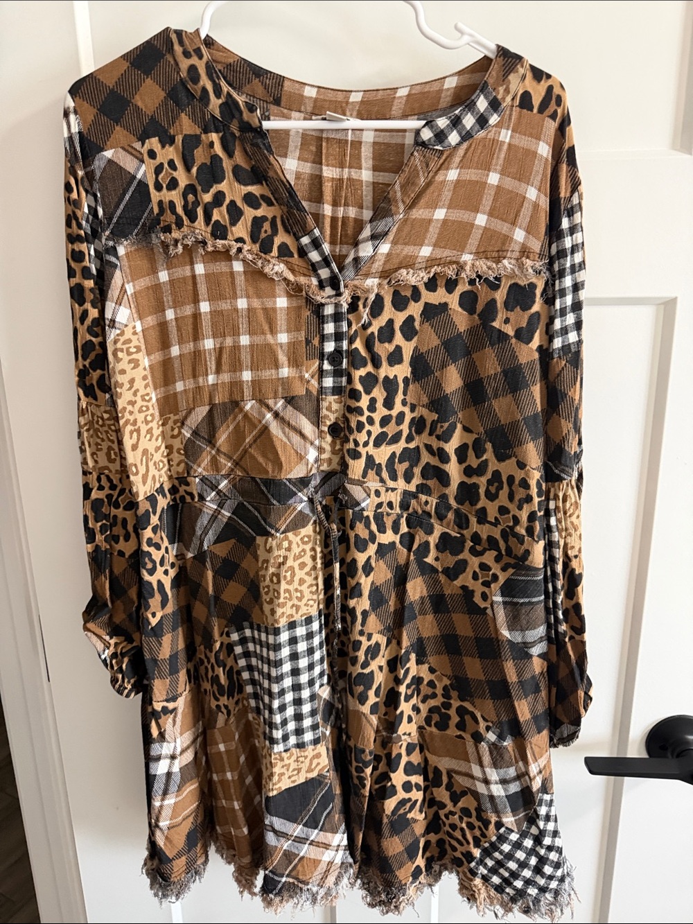Cato Brown Plaid & Leopard Patchwork Tunic